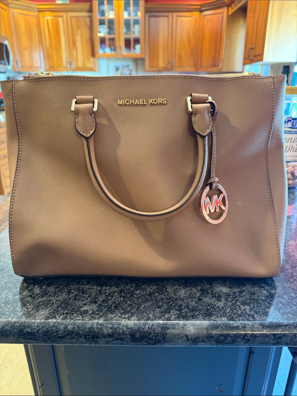 Michael Kors Taupe Savannah large Saffiano Leather Satchel with Gold Hardware